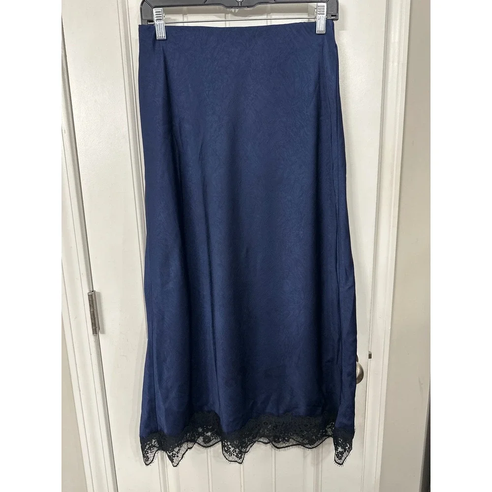 A New Day Navy Blue Jacquard Floral Midi Skirt Black Lace Trim Small